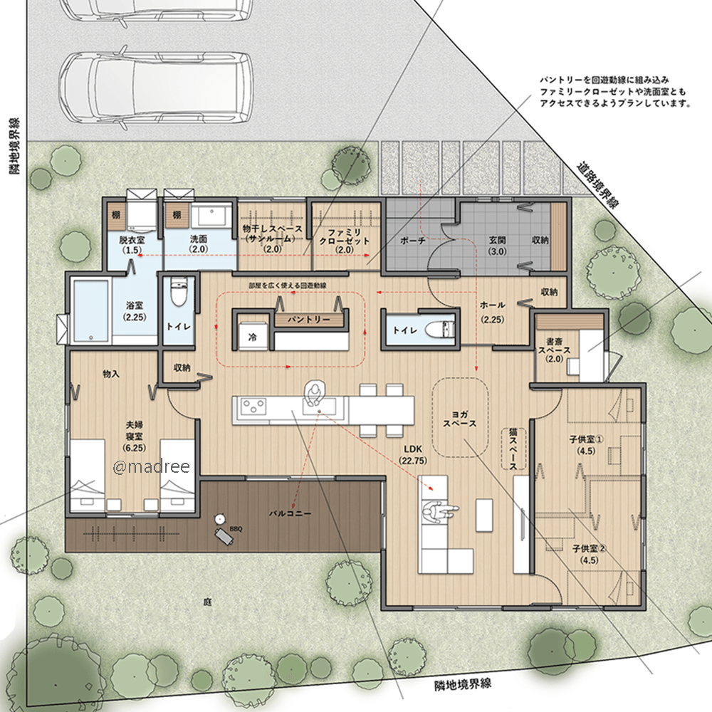 通り道収納で家事効率UP！いくつもの空間と繋がる八の字回遊動線の平屋