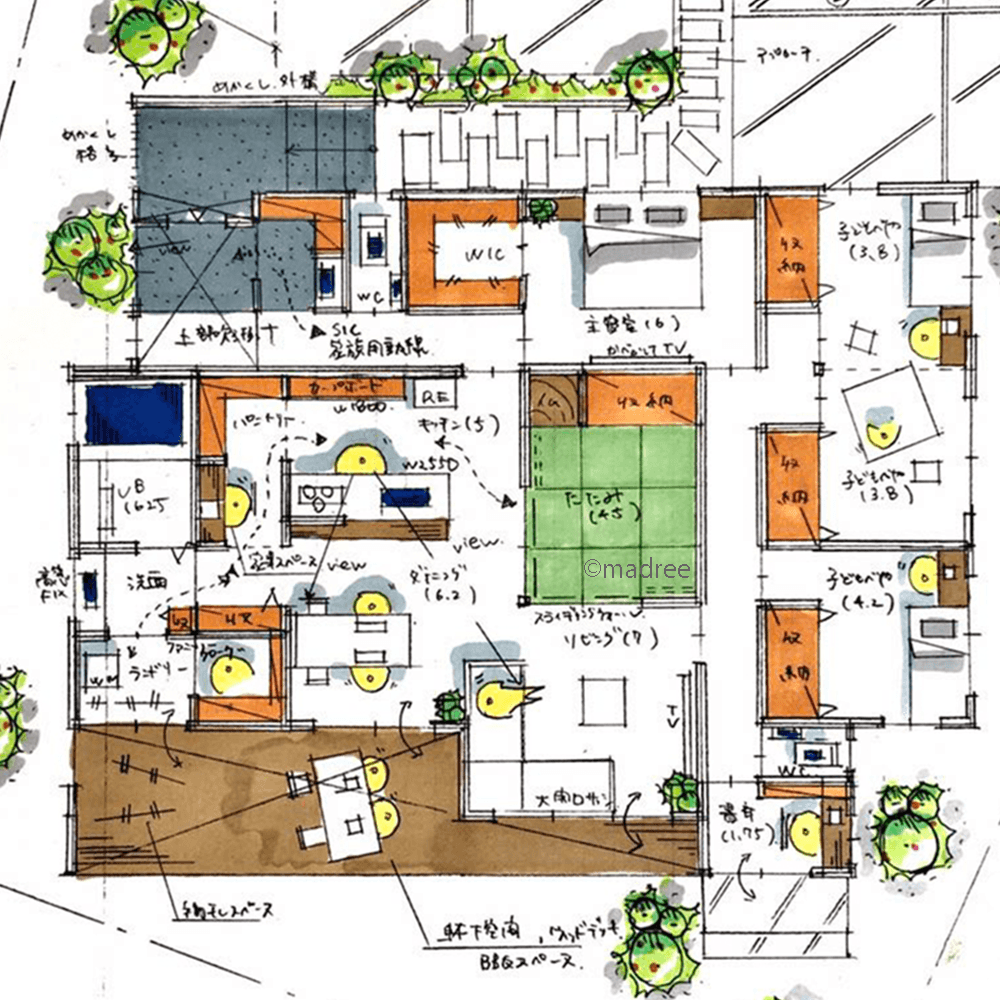 家族で家事参加しやすい簡潔動線、密集地でも明るく開放感のある平屋