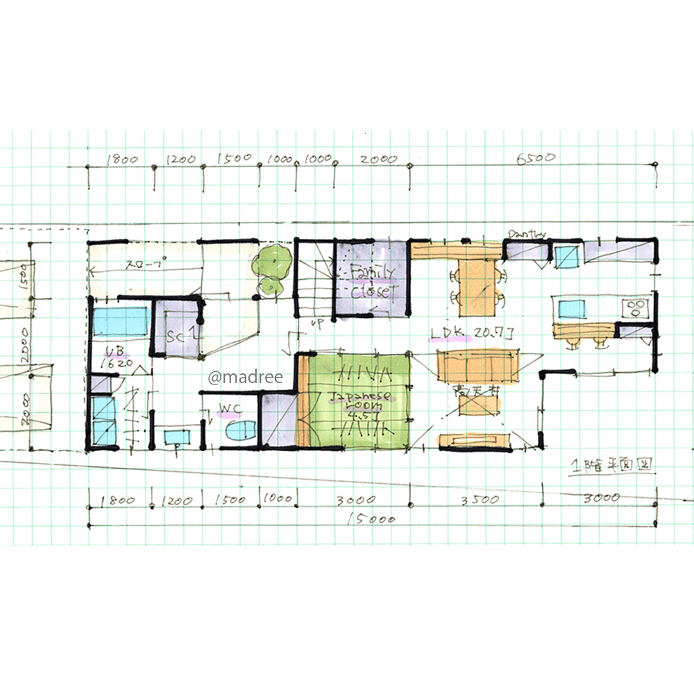 高天井で生まれる開放感、3面開口で明るく風通し良いLDKの家
