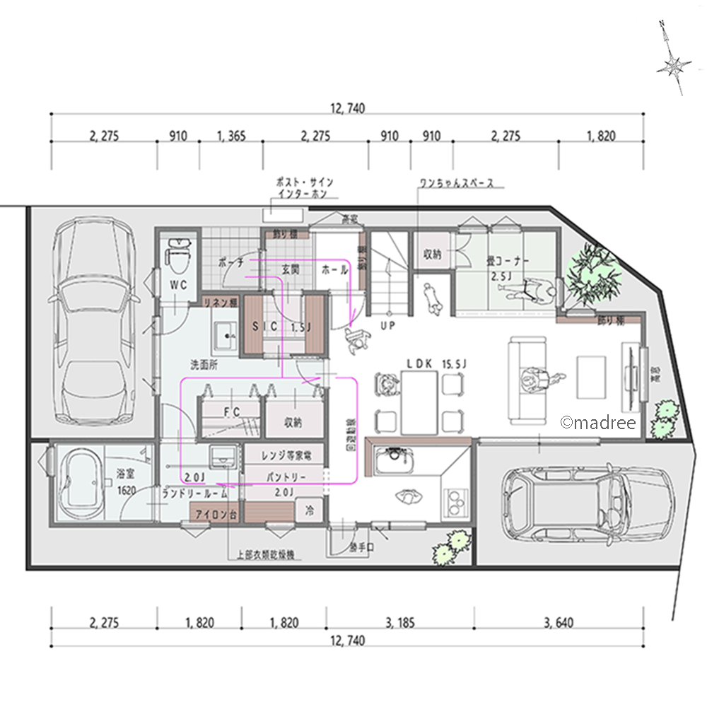 隣が公園のロケーションを活かし、景色を楽しむ同居予定の二世帯住宅