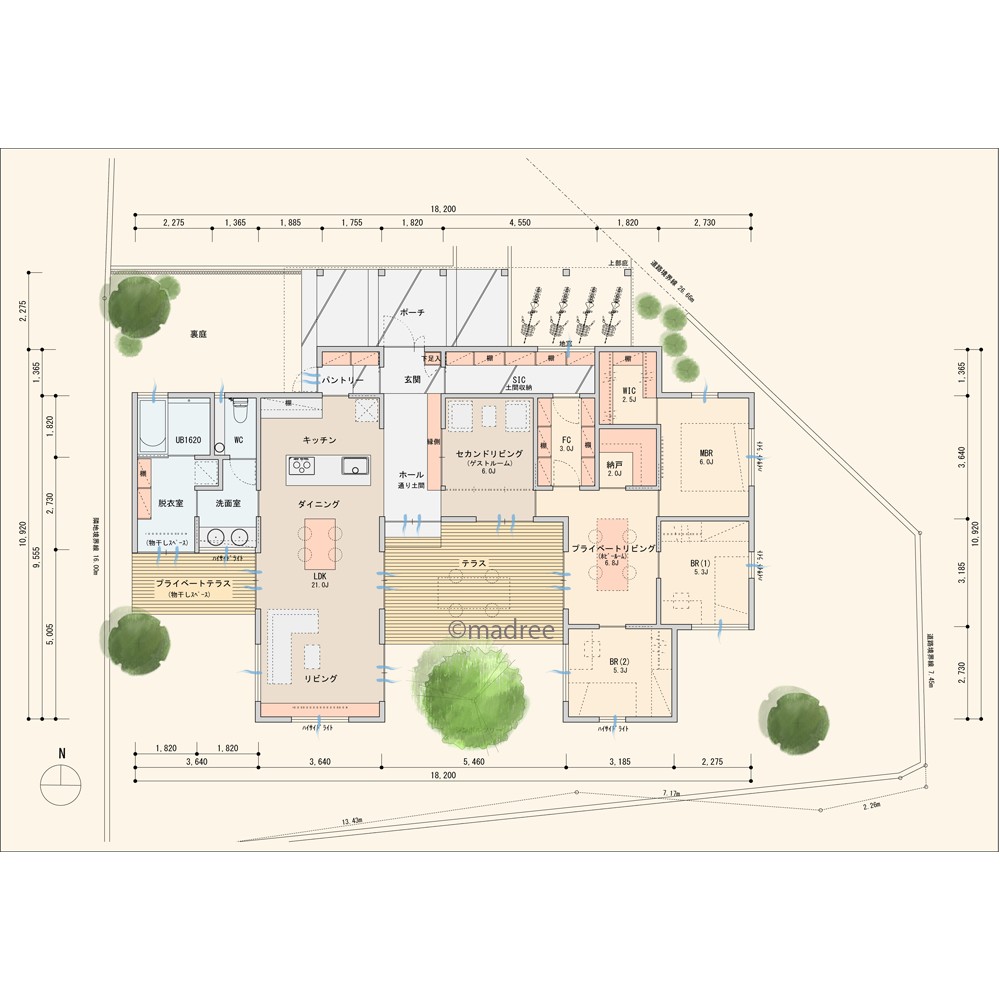 変形地を有効活用、複数リビングで愉しい平屋