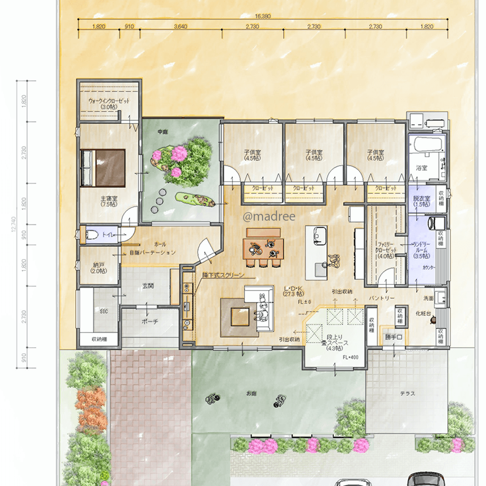 中心のキッチンから家族見守る、広い庭でおうち時間がもっと楽しくなる平屋