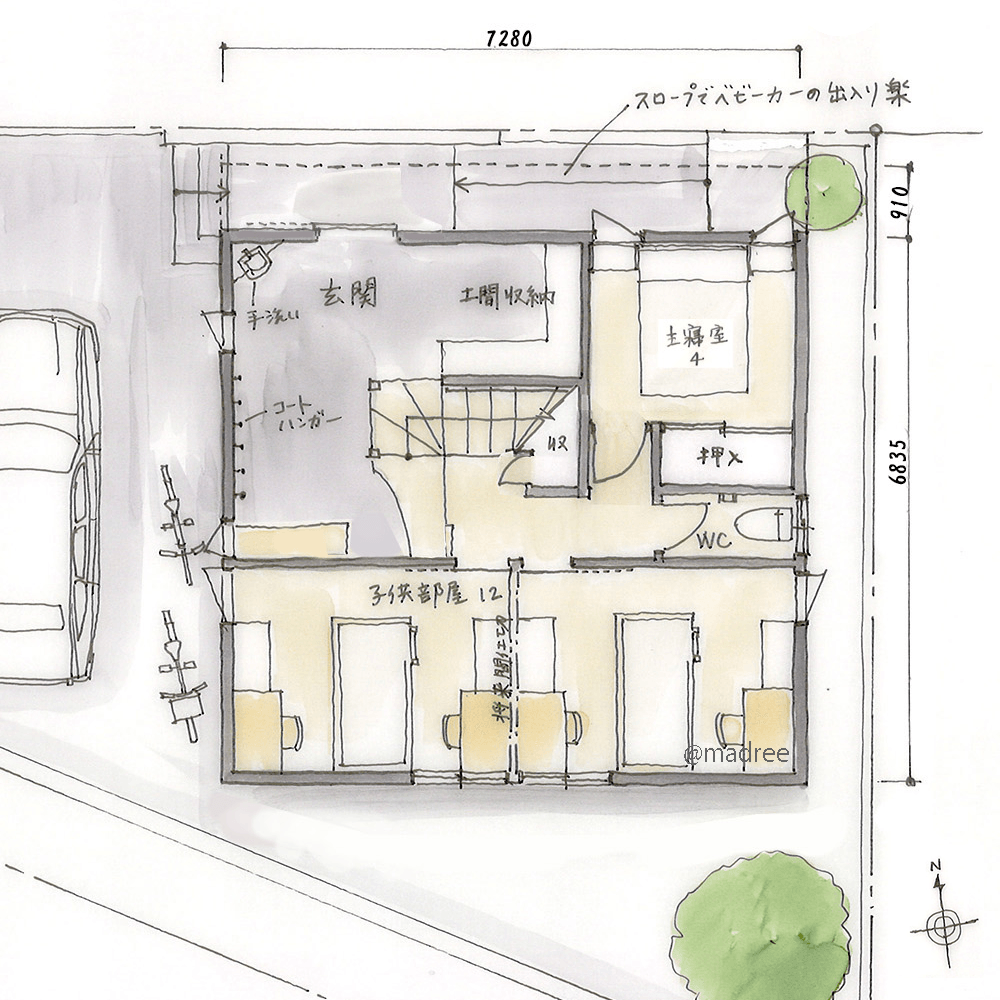 ガラス張り光庭越しに家族を感じる、回遊動線を楽しむ2階LDKの家