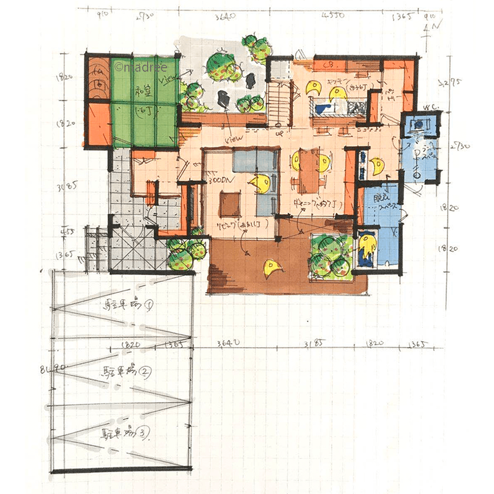 風の抜けるスキップフロアのLDK、気持ちの良い空間に自然と家族集まる家