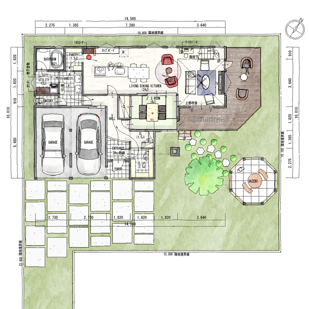 ガゼボのある庭でリゾート気分満喫し、ママに嬉しいミセスコーナーも取り入れた家