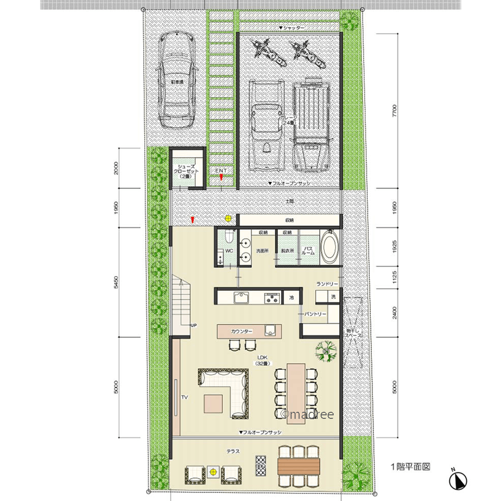 ガレージから庭まで一体空間！フルオープンサッシで1階すべてが繋がる家