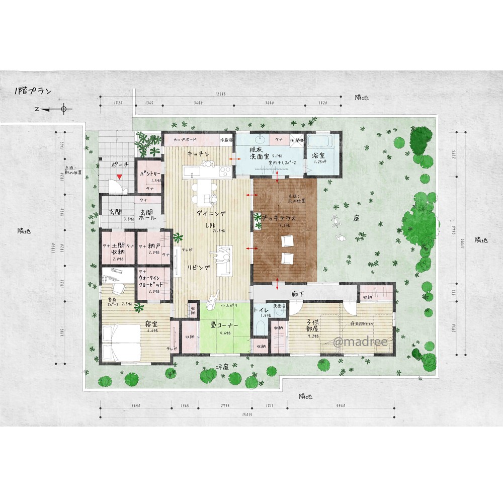 開放的に繋がりプライバシー確保、家族が自然と集う明るいLDKのある平屋