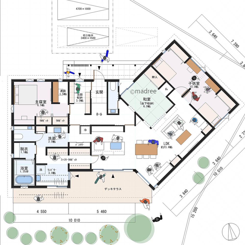 ワイドテラスとつながり開放感UP、キッチン中心にぐるぐる家事動線の平屋