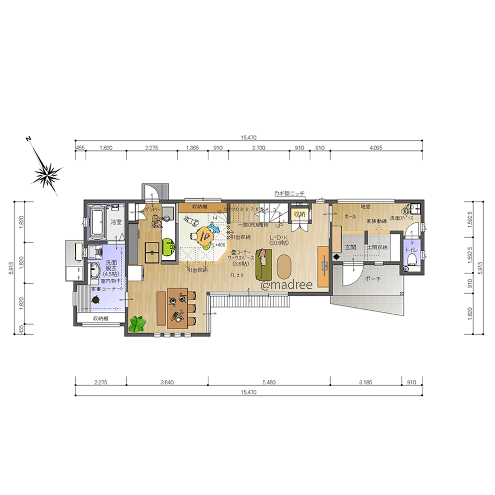 キッチン裏に水廻りをまとめた、緑あふれる庭を望むリビングの家
