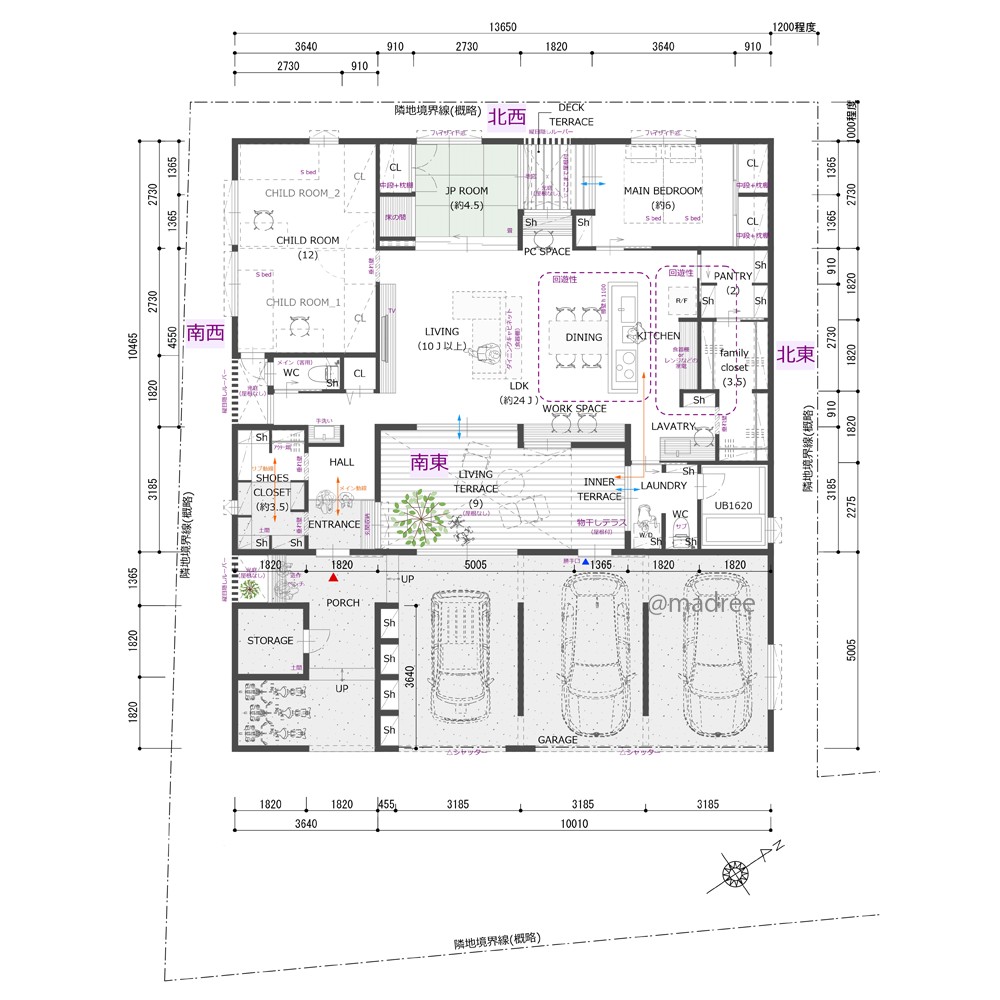 暮らしと繋がる家事動線、リビングテラスで趣味を楽しむガレージ一体型平屋
