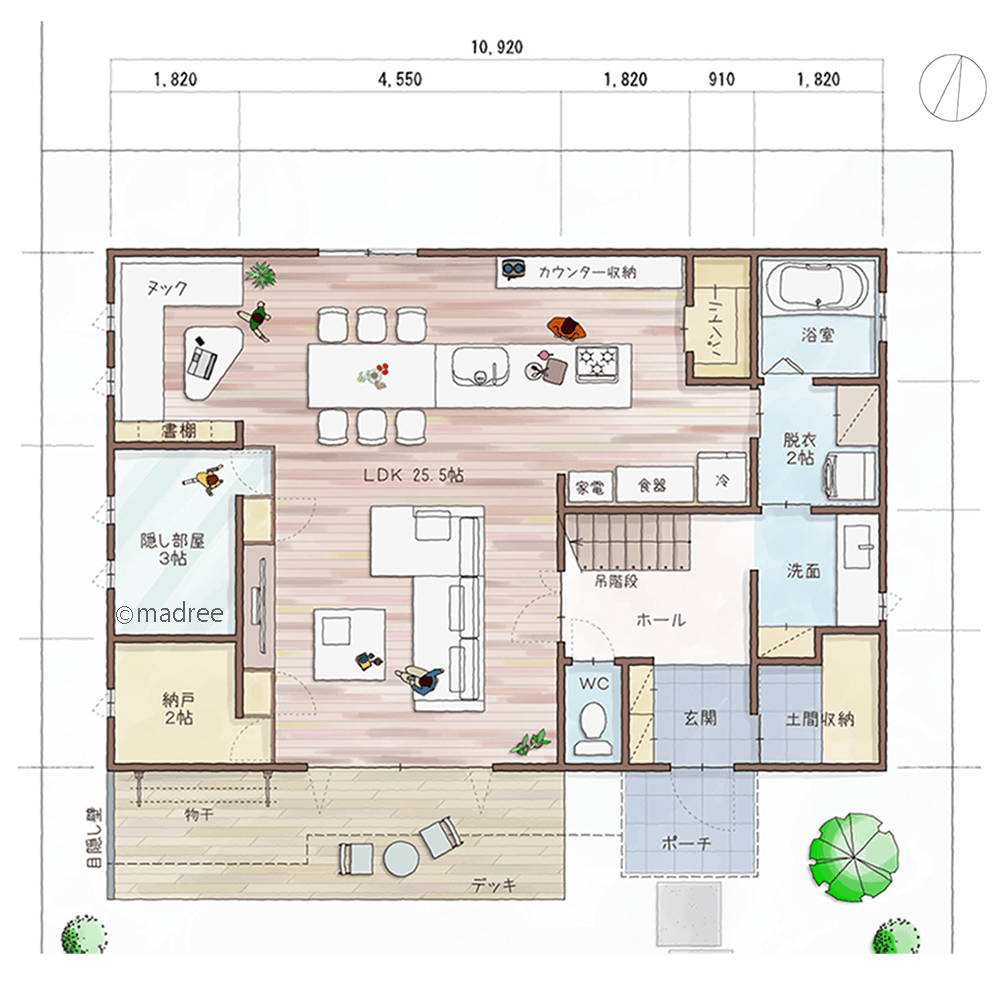隠す収納と配置でスッキリ見せる、おしゃれなヌックでホッと一息できる家