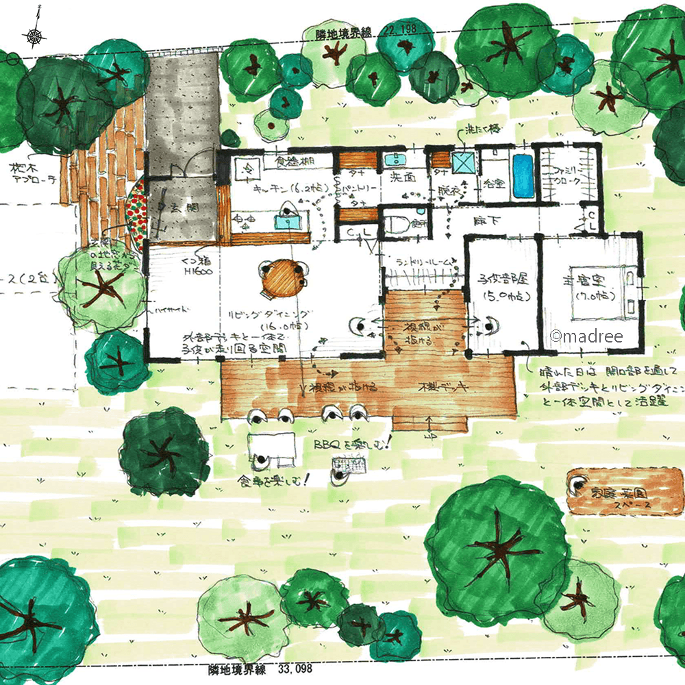 森の中のような別荘感、自然豊かな眺望を生かしたリラクゼーションLDKの平屋