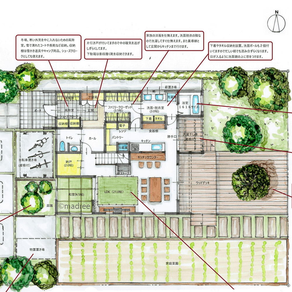 自然に囲まれ木質感にあふれる、庭一体LDKと吹抜でダイナミックに魅せる家