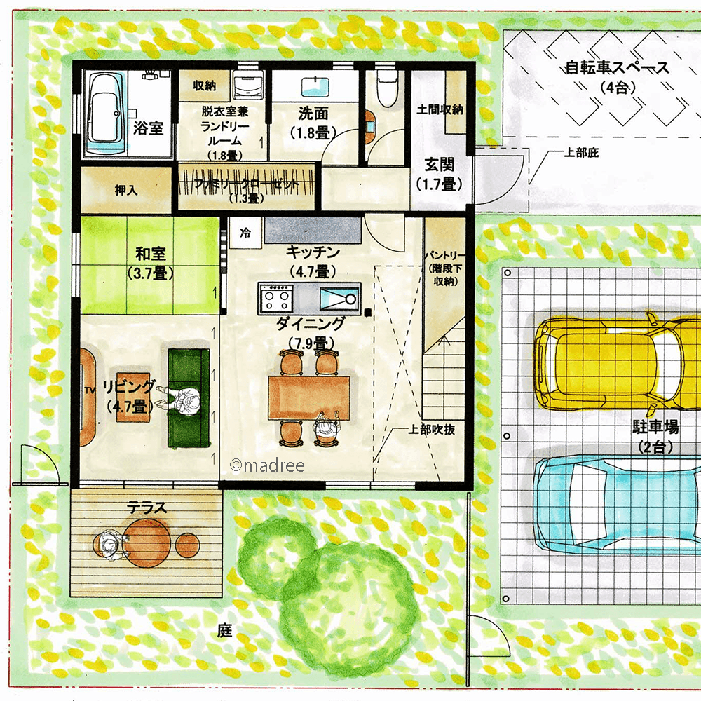 フェンスで囲むプライベート空間、LDKから目の届く安心の緑庭がある家