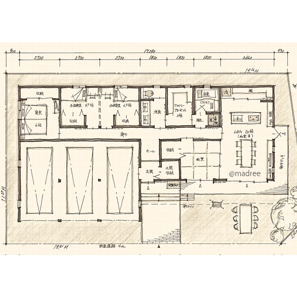 見通し良いキッチンでおもてなし上手に、人が集まる賑やかな広間口の平屋