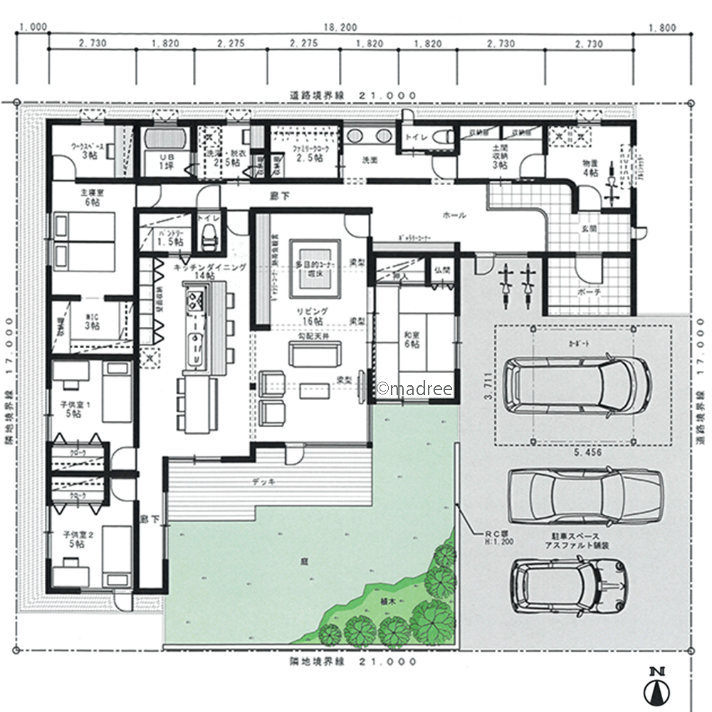 フレキシブルに隠せる広がる、LDKが家族の一番居心地の良い場所になる平屋
