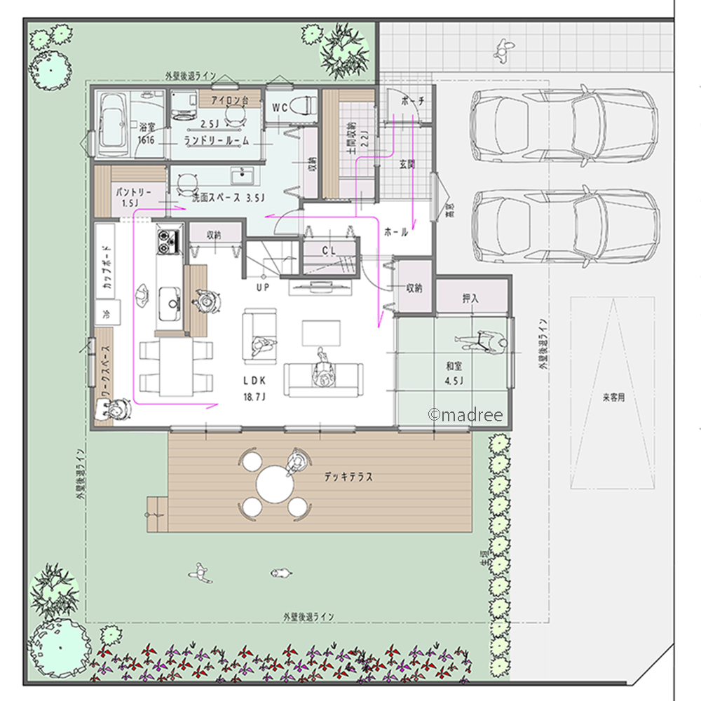 大きな庭へ広がる眺望、個室に篭らず自然と陽だまりに家族が集まる家