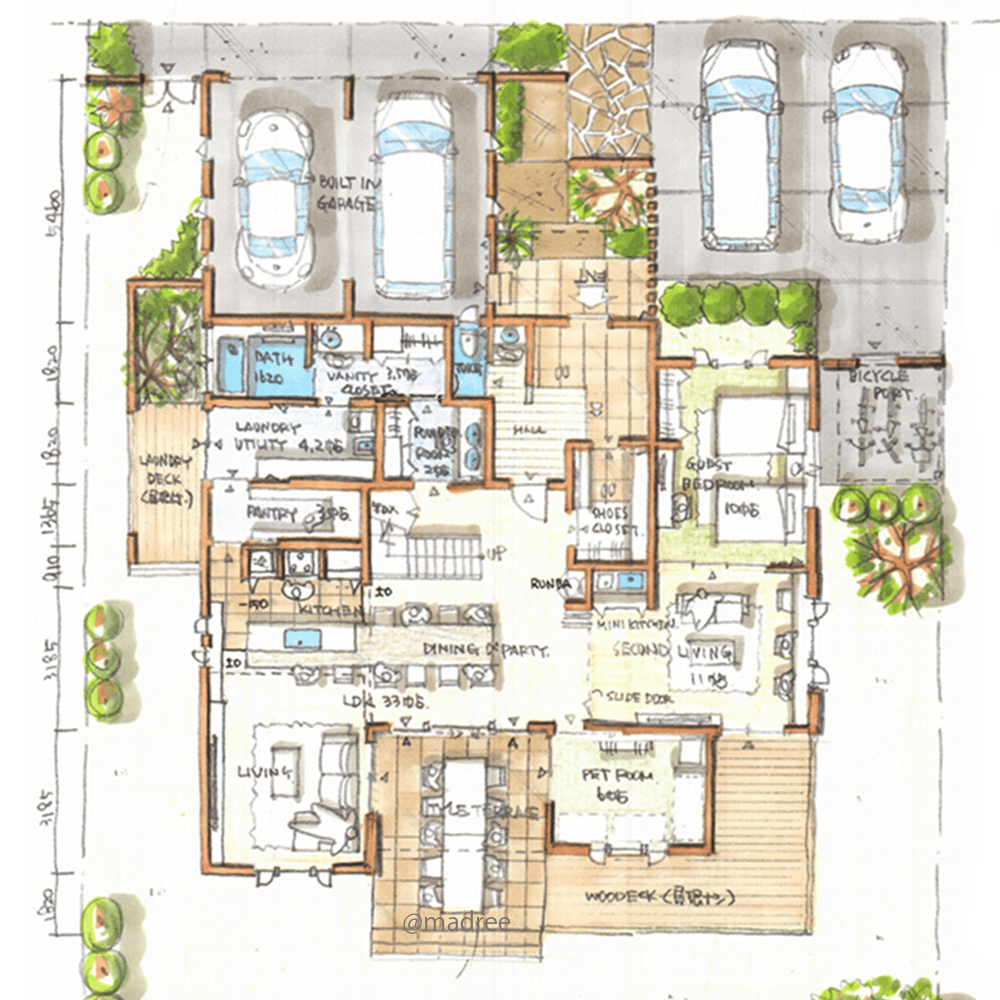 テラス一体の大空間リビングに集う、洗練されたホテルライクな家