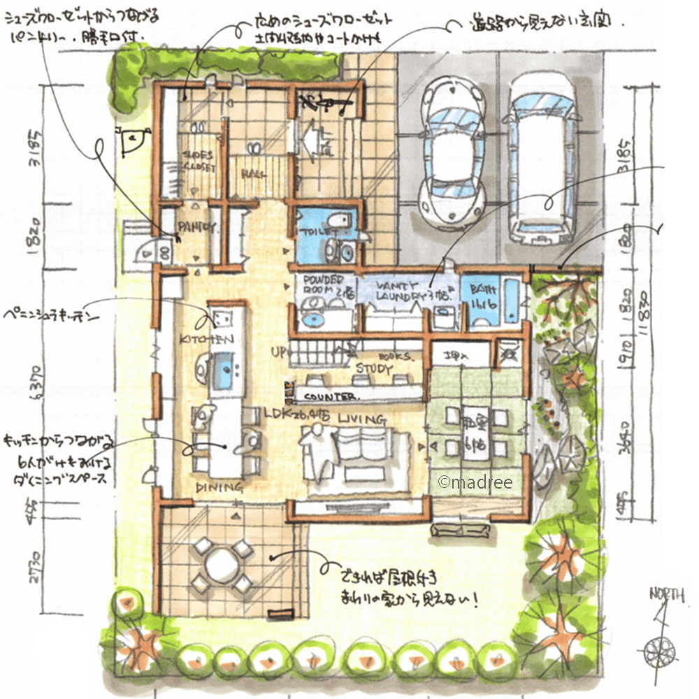 吹抜を介して自然と会話生まれる、パーソナル空間をブリッジ廊下で結ぶ家
