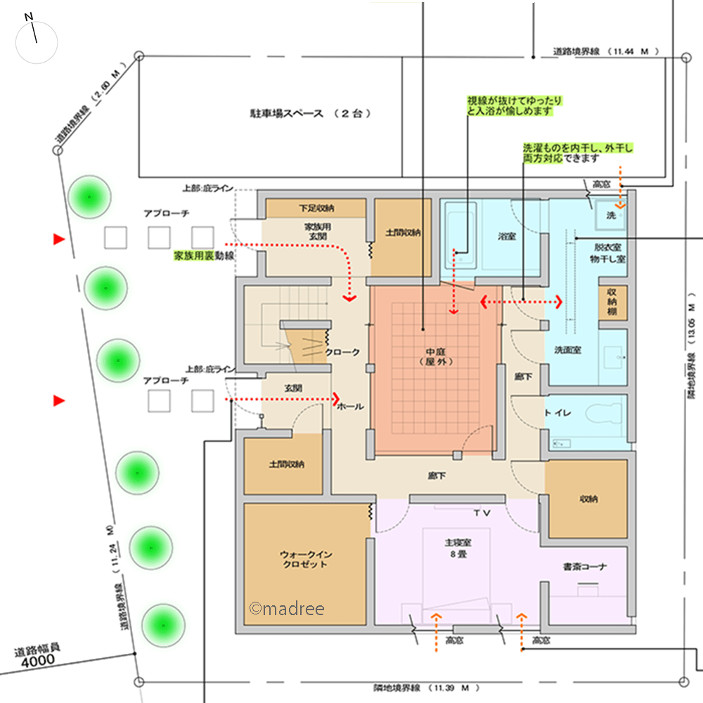 視界広がる中庭と吹抜で家族つながる、にぎやかな声が響く遊びのある家