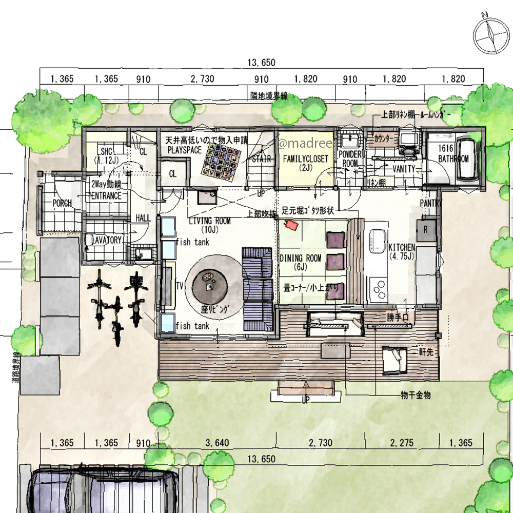 堀炬燵風の小上がりスペース、自然と家族集う畳ダイニングの家