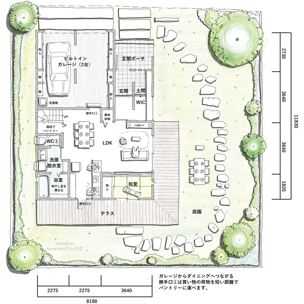 広い庭とテラスに囲まれた開放感ある家