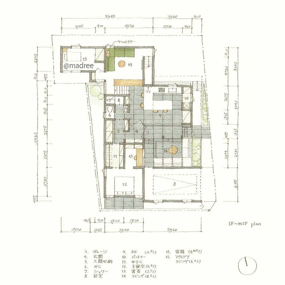 中二階リビングが家族を繋ぐ、タイル床が土間のように広がる家