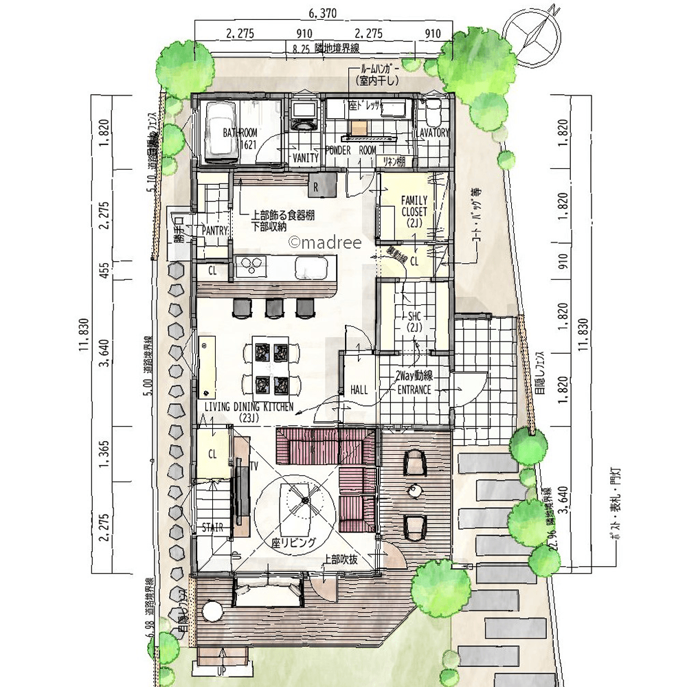 外からの視線遮りオープンに暮らす、カウンター越しに家族と会話増える注文住宅