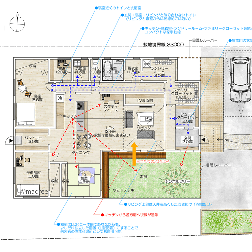 裏動線と適材適所収納でスッキリ、キッチンから全体を見渡せる平屋