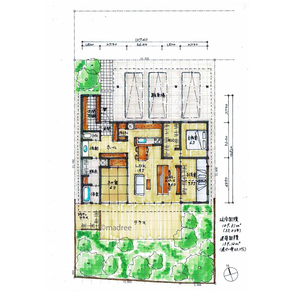 緑豊かな広いテラスで、収納たっぷり片付く平屋
