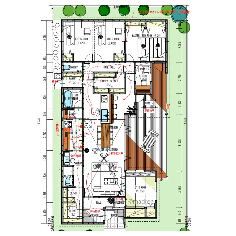 一列の水廻りで家事スムーズに、奥まった寝室で休まる平屋