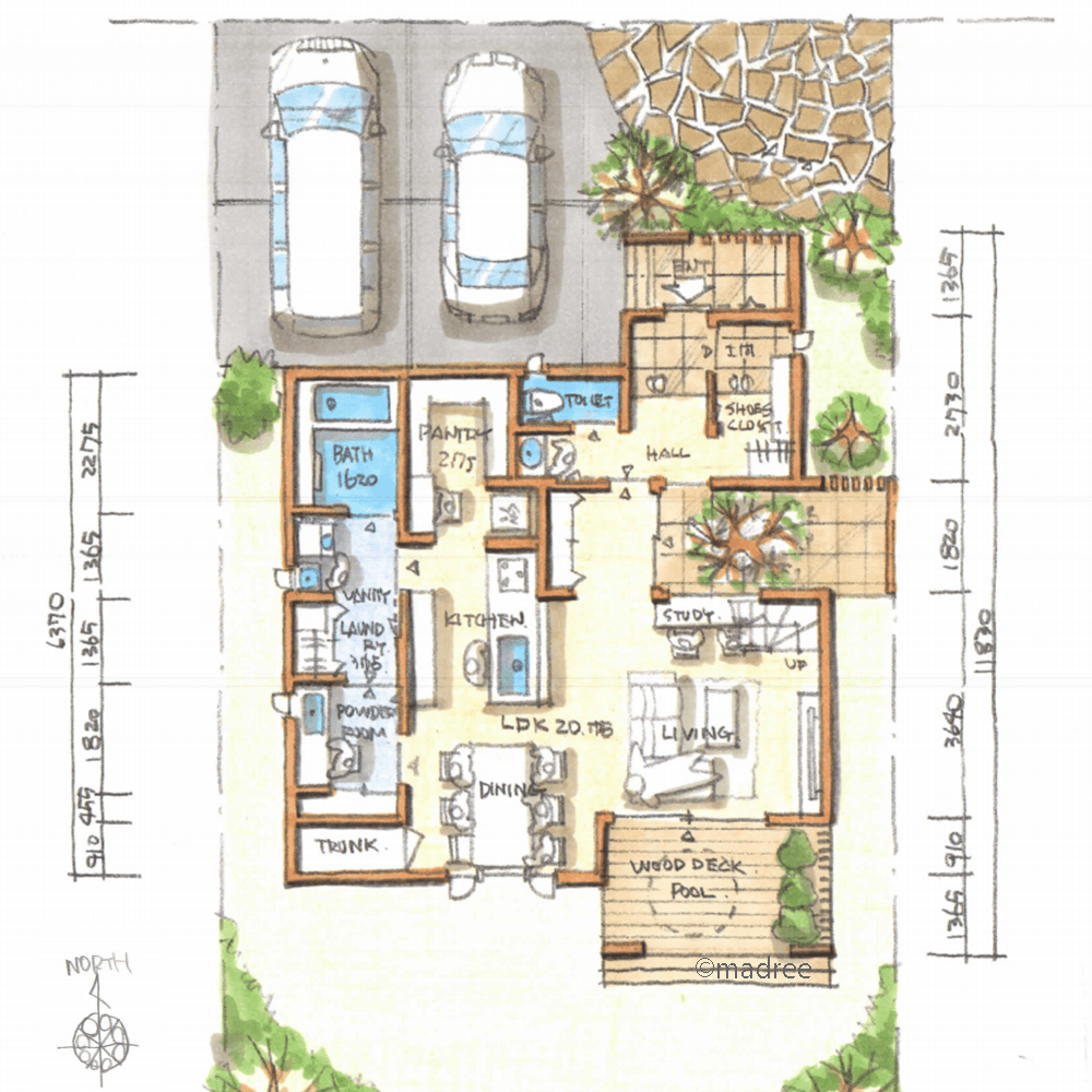 キッチンからの回遊動線がゆとり獲得の鍵、一直線の水廻りで家事も身支度もゆったりの家