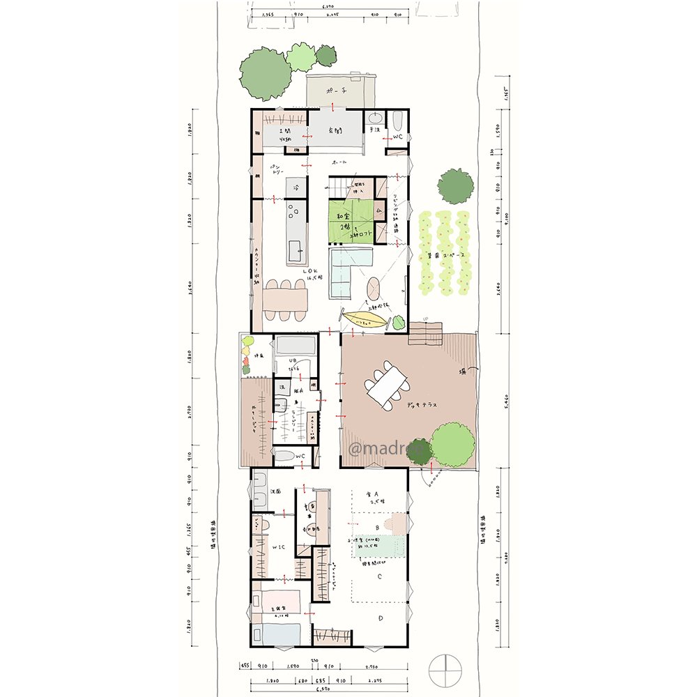 ウッドデッキを境に南北スペース分け、プライベート重視の伸びやかな平屋