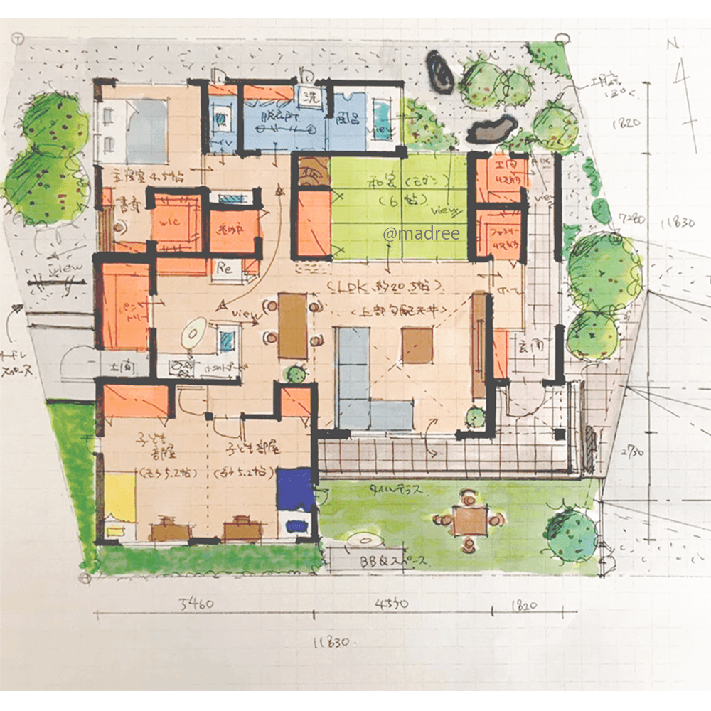 大窓で南北に風が抜ける、家族感じるキッチン中心の平屋