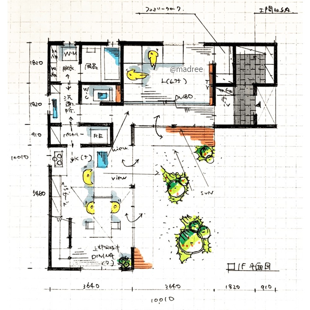 中庭の緑が映える、変形地のおしゃれなL字型の家