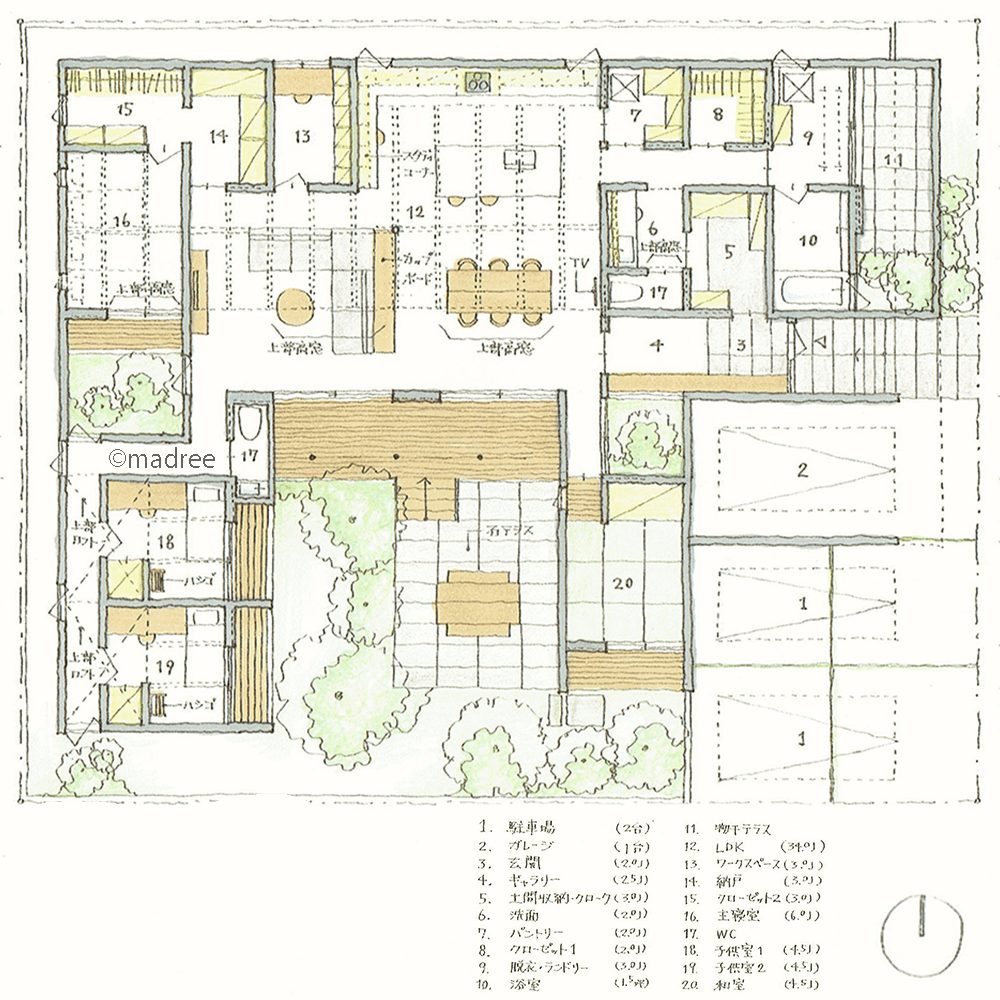 中庭に臨む高天井リビングに家族集う、地震災害や防犯に配慮した平屋