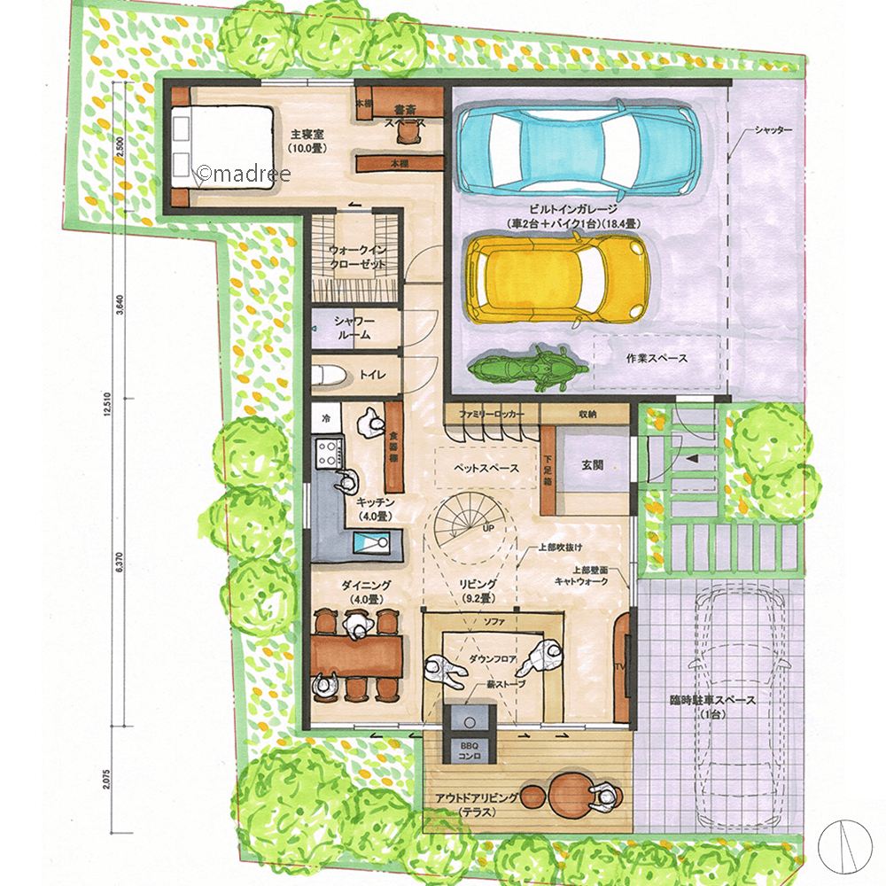 螺旋階段と吹抜で開放的なリビングに、人が集まるビルトインガレージの家