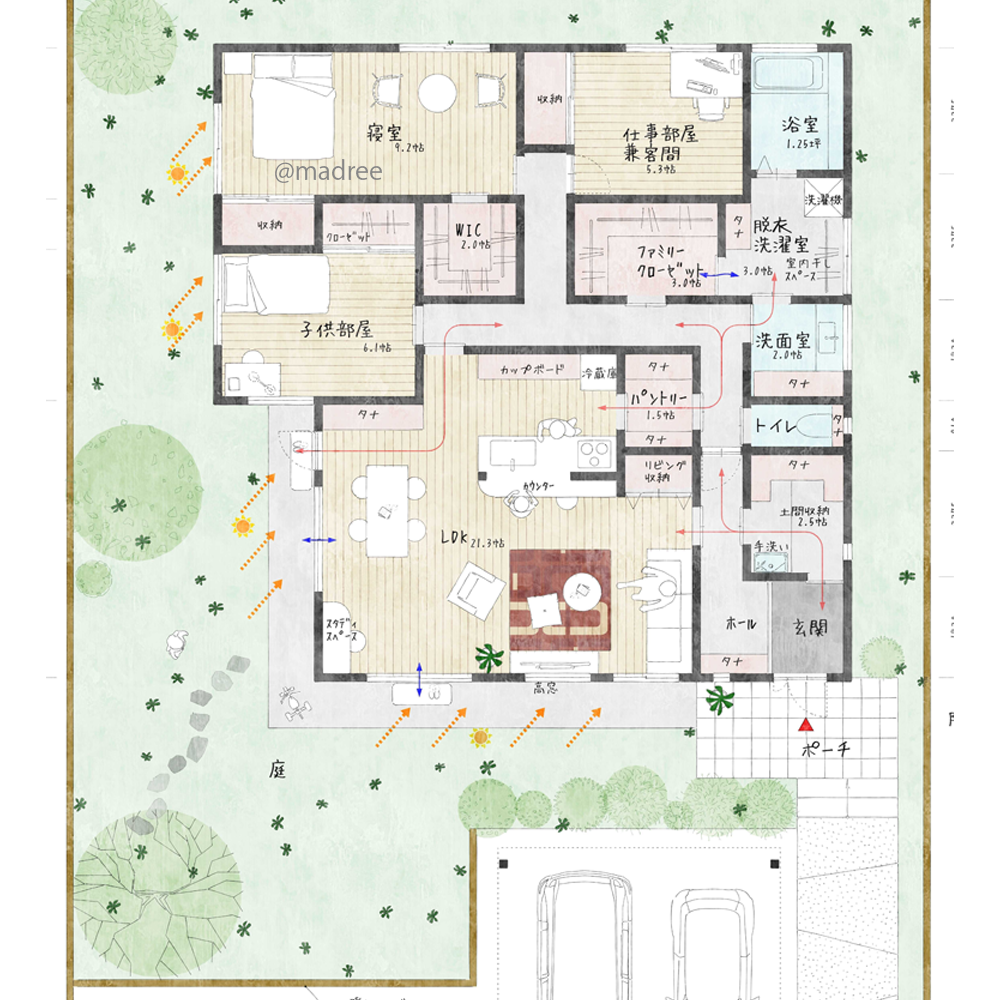家事動線をまとめて暮らしやすさUP、大窓から光と風が注ぐ大空間LDKの平屋