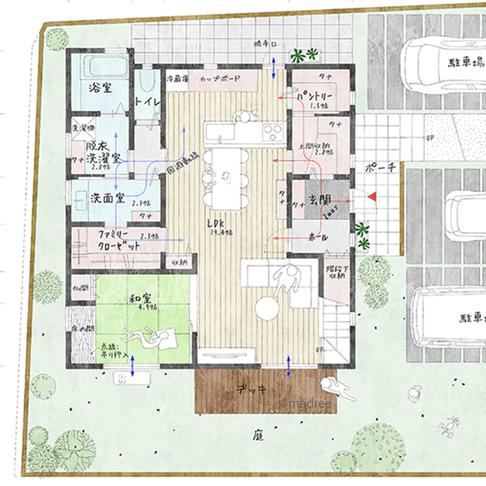 広い土間収納で嵩張る荷物もスッキリ片付く、デイキャンプ楽しむアウトドア好きの家