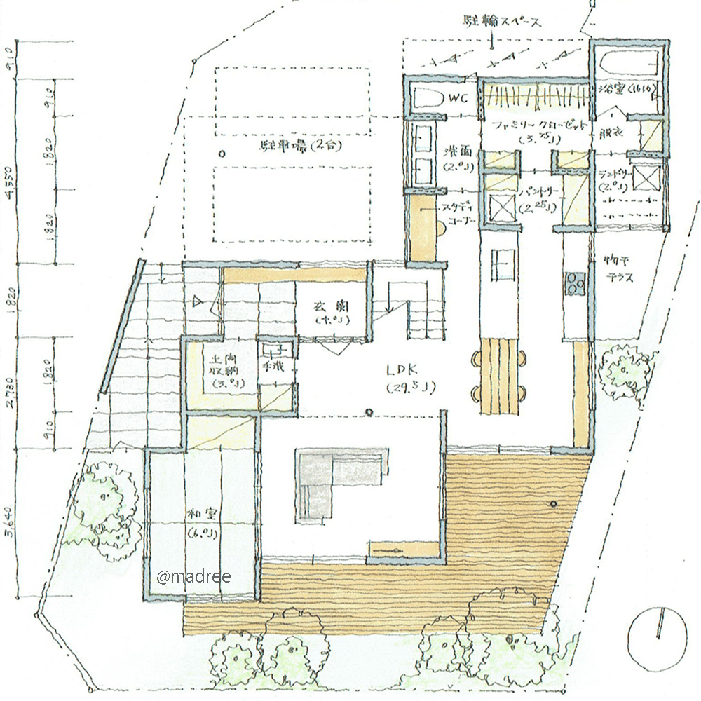 光と緑を取り込む心地良いLDK、変形地を活かした伸びやかな住まい