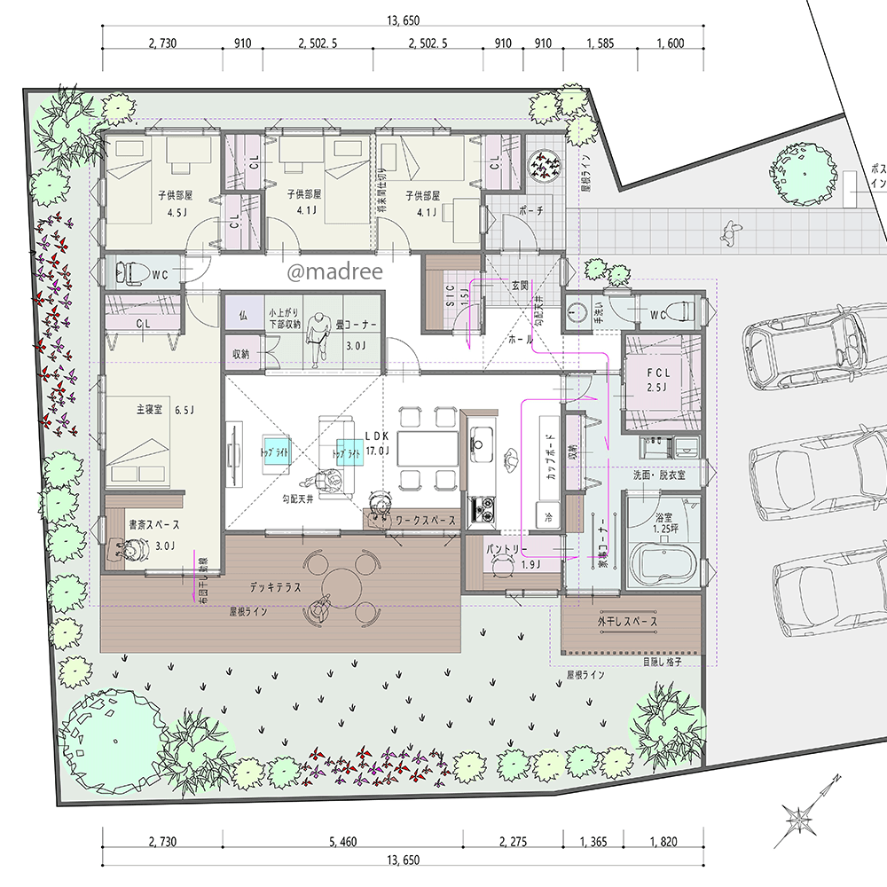 勾配天井で広がる縦の開放感、外遊び後も安心の浴室直行できる家