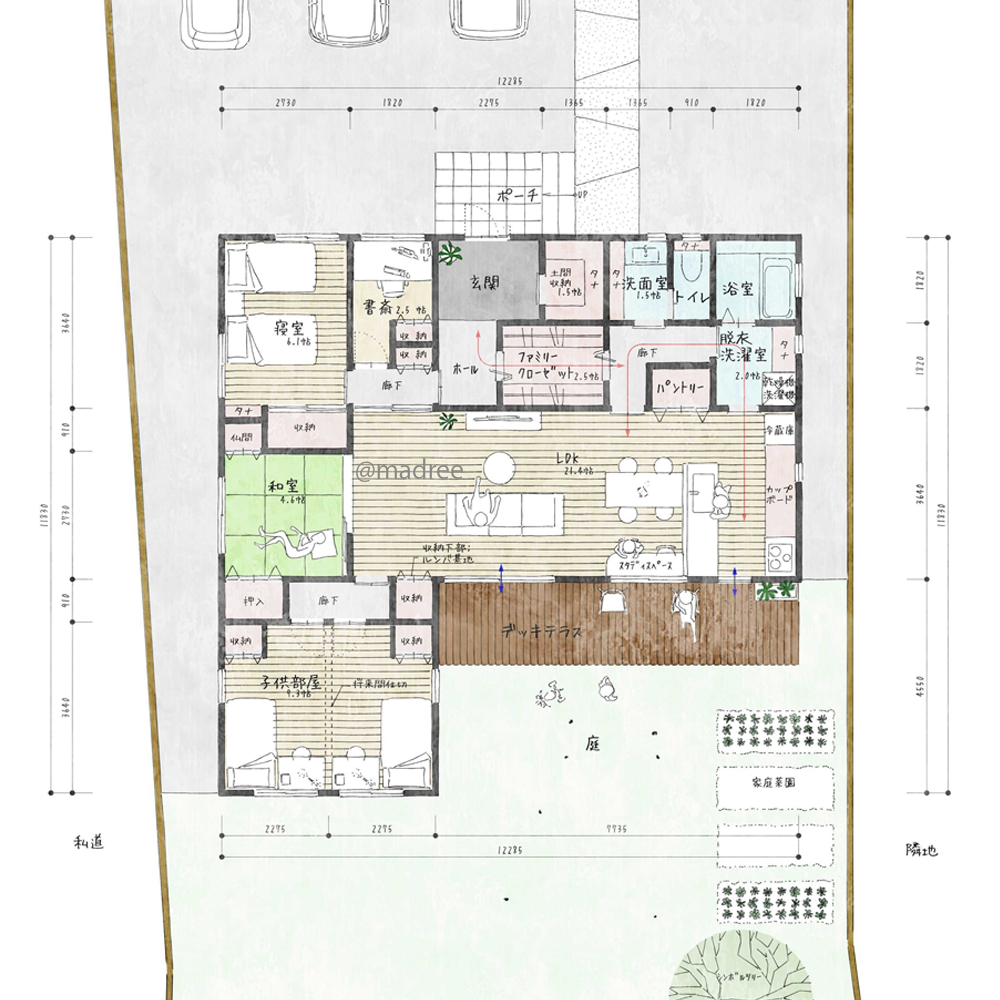 吹抜け開口窓から光を採り入れた、和室まで縦長く繋がる開放的LDKの平屋