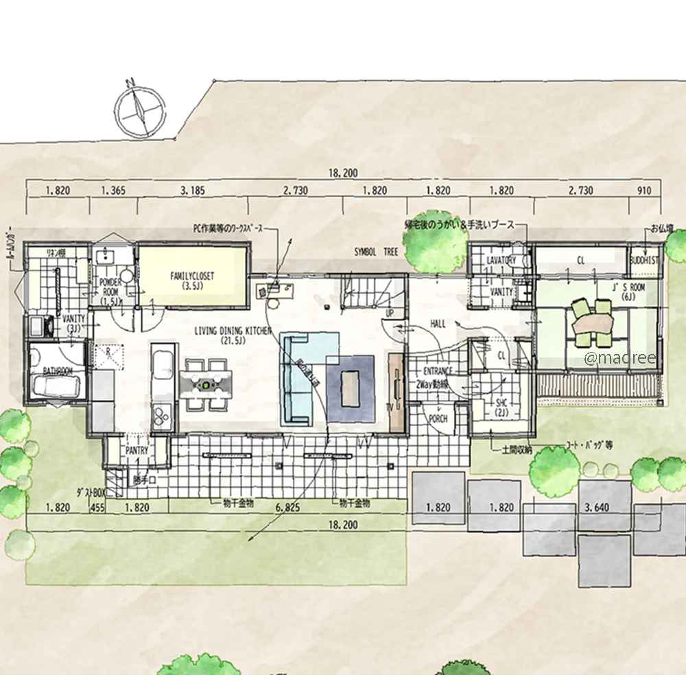 玄関正面に視線が抜ける、窓外シンボルツリーで暮らし彩る家