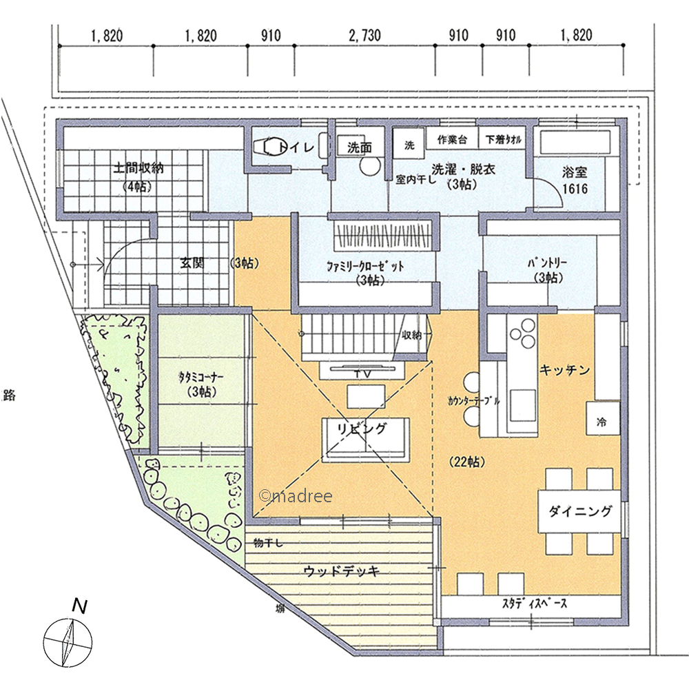 裏動線から水廻りへ直行！回遊しながらコンパクトに家事が整う家