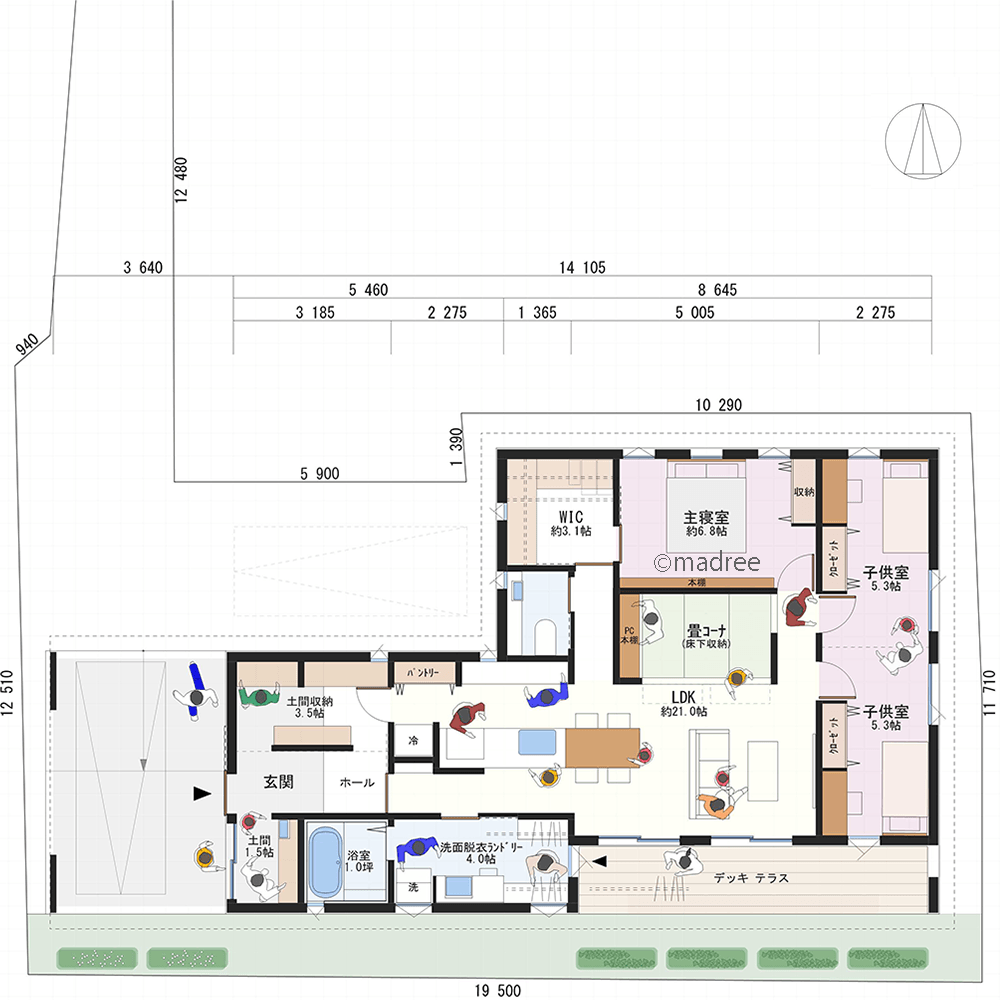 横長デッキと繋がる快適回遊LDK、陽だまりリビングでゆったり過ごす平屋