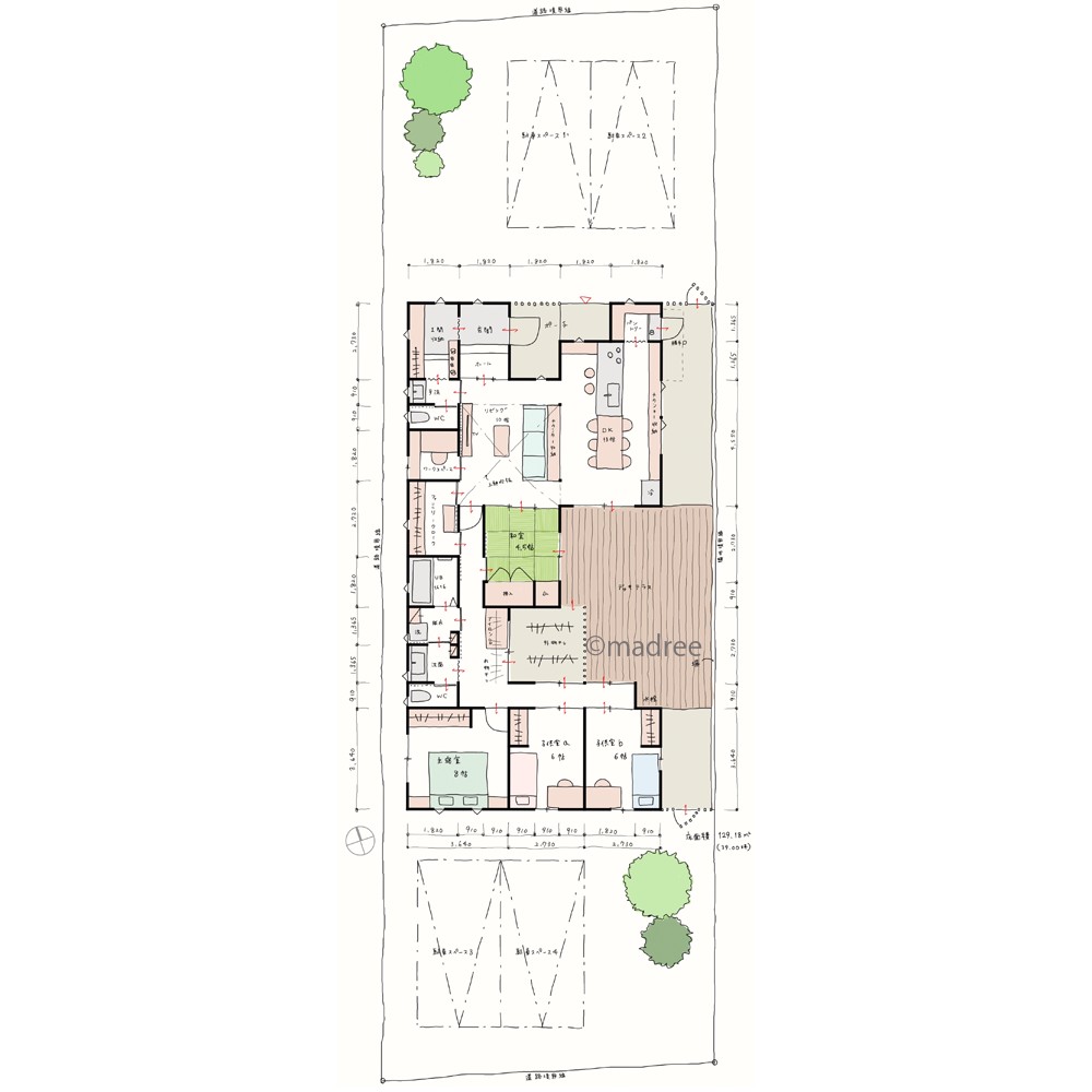 コの字型でプライバシー確保、ウッドデッキと繋がる平屋