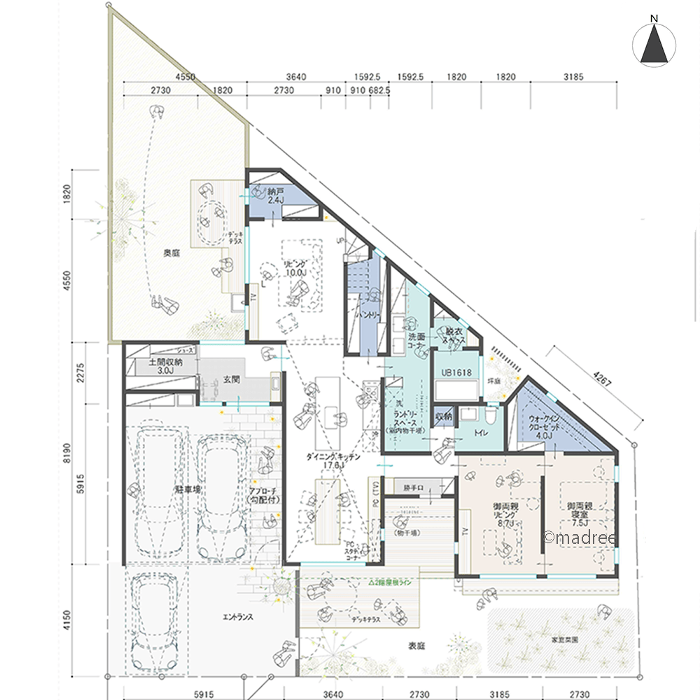 大人数でも自分時間のある良い距離感、台形地を活かした2つの庭がある二世帯住宅