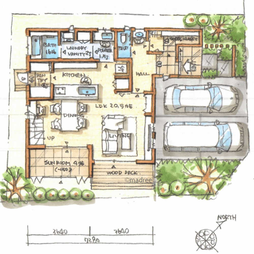 洗濯物が視界に入らないリビングと、眺望のきく書斎の憩い空間ある家