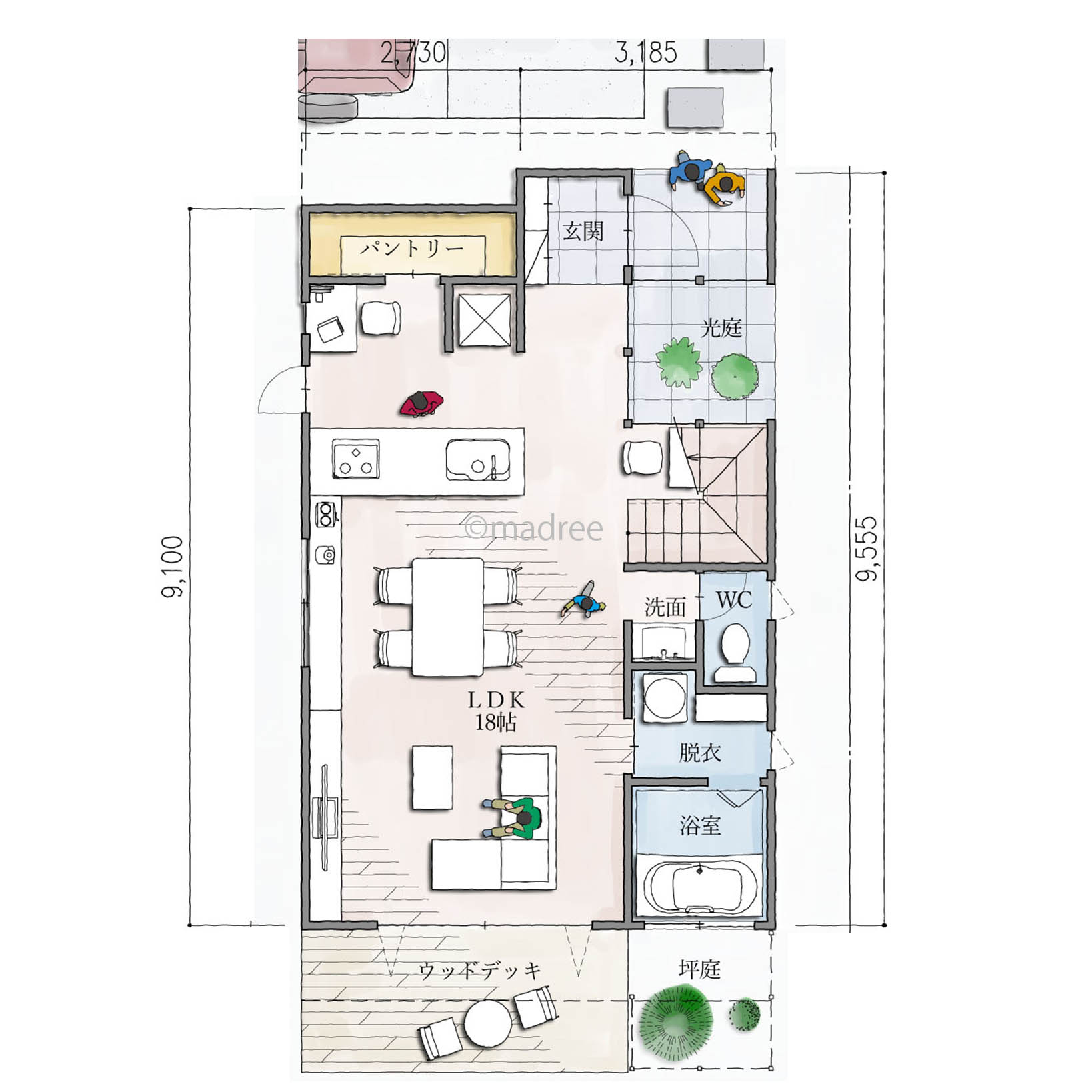 絵画のように来客をお出迎え、室内に明るさと奥行きを与える光庭のある家
