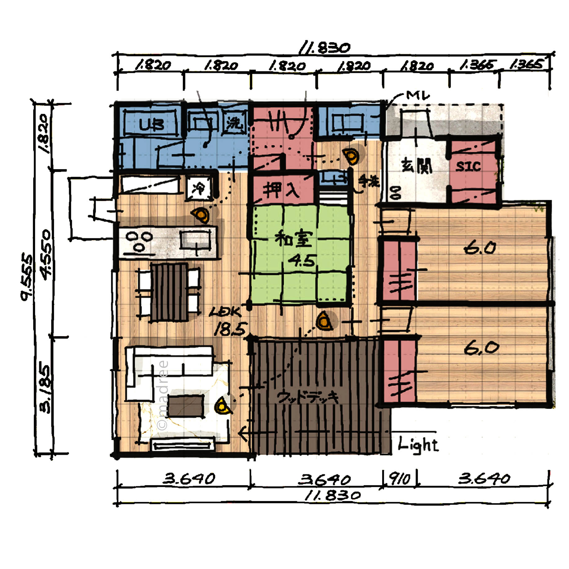 一直線水回り・収納動線でスムーズに暮らせる！ウッドデッキをコの字型に囲んで自然を感じられる家